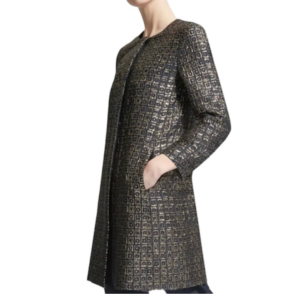 S MAX MARA Woven Metallic Blue-Gold Geometric Square Pattern Coat, US 8, FB 40